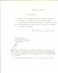 Autografo originale 1965 FAMAGOSTA CIPRO Ringraziamenti mons. Pierluigi SARTORELLI Autografo 1