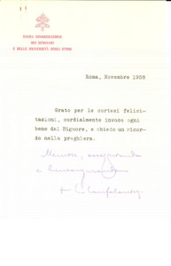 Autografo originale 1958 ROMA Ringraziamenti e benedizione mons. Carlo CONFALONIERI Autografo 1