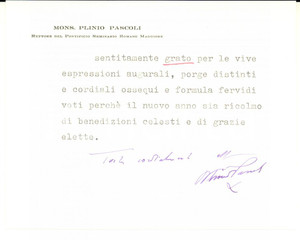 Autografo originale 1960 ca ROMA Auguri mons. Plinio PASCOLI rettore Pontificio Seminario AUTOGRAFO 1