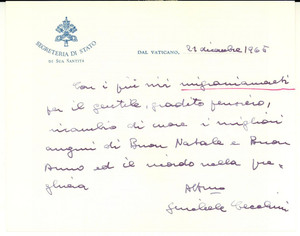 Autografo originale 1965 CITTA  DEL VATICANO Biglietto di auguri mons. Michele CECCHINI Autografo 1