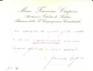 Autografo originale 1963 ROMA Ringraziamenti del card. Francesco CARPINO Biglietto AUTOGRAFO 1