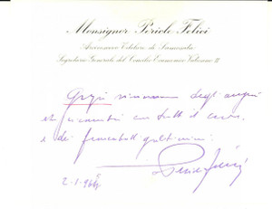Autografo originale 1965 ROMA Auguri mons. Pericle FELICI arcivescovo di Samosata AUTOGRAFO 1