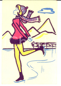 Cartolina originale da collezione 1970 ca PATTINAGGIO Volteggi di una bella atleta Cartolina VINTAGE RICAMATA 1