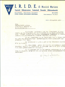 Documento originale, autentico 1947 MILANO Impianti refrigerazione IRIDE di Mariano MUSICO   Banco gelateria 1