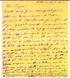 Manoscritto, lettera originale 1910 MILANO Biglietto a Maria Anna BONOLA LORELLA su epidemia colera in Puglia 1