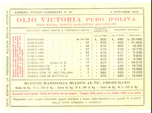 Materiale pubblicitario d’epoca 1954 ONEGLIA IM Oleificio VICTORIA Olio puro d oliva Listino prezzi 1