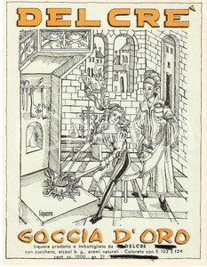 Materiale pubblicitario d’epoca 1965 ca DELCRE  Liquore GOCCIA D ORO Etichetta ILLUSTRATA 1