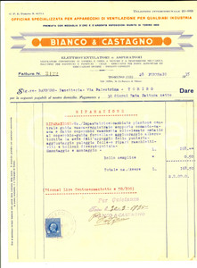 Documento originale, autentico 1935 TORINO Ditta BIANCO & CASTAGNO Apparecchi ventilazione Fattura intestata 1