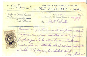 Documento originale, autentico 1931 PAVIA Sartoria L ELEGANTE di Luigi PAOLUCCI Lettera commerciale 1