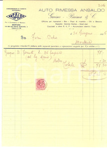 Documento originale, autentico 1926 MORTARA PV Autorimessa ANSALDO GARINO BAIMA & C. Fattura intestata 1