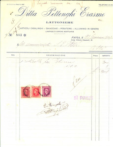 Documento originale, autentico 1947 PAVIA Ditta PETTENGHI Erasmo  Lattoniere e posaterie Fattura intestata 1