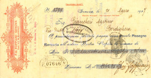 Oggetto da collezione cartaceo 1927 GENOVA Fratelli FOPPIANI successori GUGLIELMOTTI Assegno bancario 1