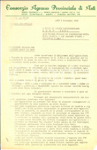 Manoscritto, lettera originale 1962 ASTI Consorzio Agrario Provinciale  Contributo per acquisto grano da seme 1