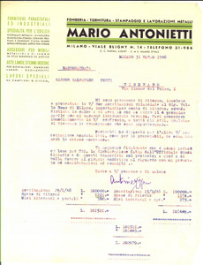Documento originale, autentico 1948 MILANO Ditta Mario ANTONIETTI Fonderia, tornitura e stampaggio Lettera 1