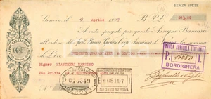 Oggetto da collezione cartaceo 1927 GENOVA Giuseppe CASSANELLO & FIGLIO Assegno timbro Banca AGRICOLA ITALIANA 1