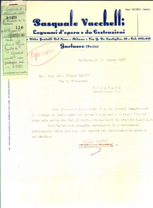 Manoscritto, lettera originale 1950 GARLASCO PV Pasquale VACCHELLI Legnami d opera Lettera carta intestata 1