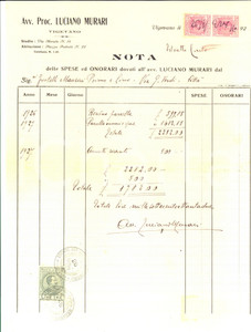 Documento originale, autentico 1927 VIGEVANO Nota spese e onorari di Luciano MURARI avvocato procuratore 1