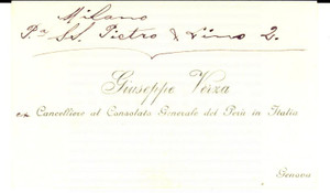 Oggetto da collezione cartaceo 1890 ca MILANO Biglietto da visita Giuseppe VERZA cancelliere Consolato del PerÃ¹ 1