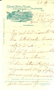 Manoscritto, lettera originale 1914 SALSOMAGGIORE TERME Lettera dal GRAND HOTEL MILAN Carta intestata 1