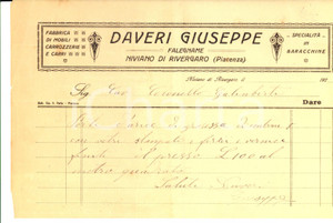 Documento originale, autentico 1920 ca NIVIANO DI RIVERGARO PC Giuseppe DAVERI baracchine Fattura intestata 1