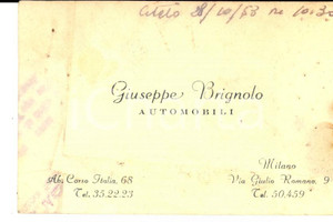 Oggetto da collezione cartaceo 1953 MILANO Biglietto da visita Giuseppe BRIGNOLO automobili DANNEGGIATO 1