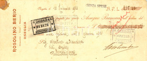 Oggetto da collezione cartaceo 1928 IMPERIA ONEGLIA Rosolino BERIO  Biscotti vini saponi Assegno bancario 1