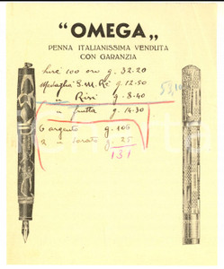Materiale pubblicitario d’epoca 1930 ca MILANO Ditta OMEGA Penna italianissima con garanzia Promemoria 1