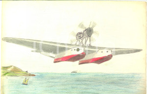 Opera d’arte autentica 1950 ca ARTE Un aeroplano in volo sul mare Disegno C. BAROLA su carta 1