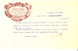 Documento originale, autentico 1940 FIRENZE Bottega Livio LOGI Trittici e tabernacoli Lettera intestata 1
