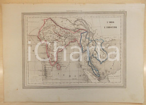 Stampa, bozzetto originale 1864 Atlante Geografico Universale  India e Indocina Ed. GUIGONI Tav. XXVI 1