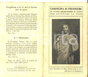 Oggetto da collezione cartaceo 1941 MILANO Coroncina di preghiere al Cuore Sacratissimo di GesÃ¹ per la pace 1