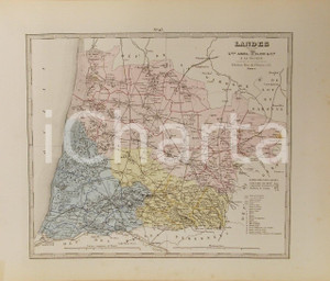 Stampa, bozzetto originale 1870 ca Grand Atlas DÃ©partemental de la France  Landes Ed. PILON Tav. 43 Mappa 1