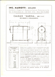 Materiale pubblicitario d’epoca 1950 ca MILANO ING. MARIOTTI  Caldaie MARINA per riscaldamento PubblicitÃ 1