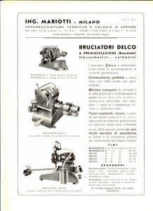 Materiale pubblicitario d’epoca 1950 ca MILANO ING. MARIOTTI  Bruciatori DELCO a premiscelazione PubblicitÃ 1