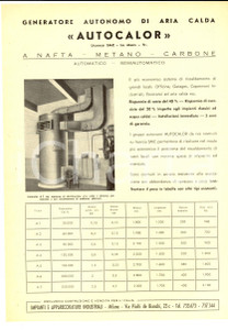 Materiale pubblicitario d’epoca 1950 ca MILANO Generatore autonomo di aria calda AUTOCALOR PubblicitÃ 1