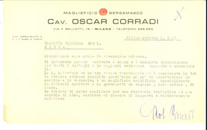 Manoscritto, lettera originale 1957 MILANO Maglificio bergamasco cav. Oscar CORRADI Lettera carta intestata 1