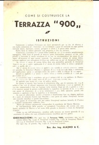 Materiale pubblicitario d’epoca 1950 ca MILANO Istruzione per la  TERRAZZA 900 Ditta ALAJMO Volantino 1