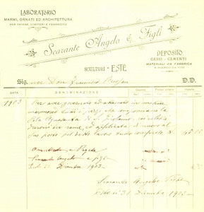 Documento originale, autentico 1903 ESTE PD Angelo SCARANTE & Figlio Laboratorio marmi ornati Fattura 1