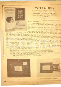 Materiale pubblicitario d’epoca 1930 ca MILANO Portadecorazioni VITTORIA  BERTOLOTTO & ZAINO Pubblicitario 1