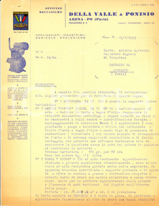 Manoscritto, lettera originale 1953 ARENA PO PV Preventivo DELLA VALLE & PONISIO motore CONDOR pompa ROTOS 1