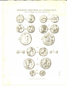 Stampa, bozzetto originale 1830 Anacharsis en GrÃ¨ce  MÃ©dailles grecques Gravure TARDIEU pl. 39 1