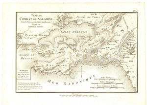 Stampa, bozzetto originale 1830 Anacharsis en GrÃ¨ce  Plan du combat de SALAMINE Gravure TARDIEU pl. 4 1