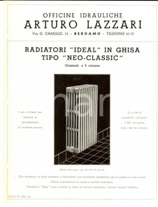 Materiale pubblicitario d’epoca 1951 BERGAMO Ditta Arturo LAZZARI Radiatori IDEAL NEOCLASSIC Scheda ILLUSTRATA 1