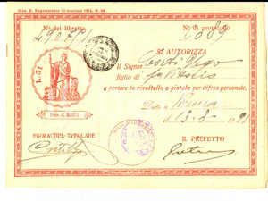 Documento originale, autentico 1919 MILANO Licenza a Ugo CORTI porto rivoltella per difesa personale 1