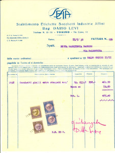 Documento originale, autentico 1936 TORINO Ditta SESIA Etichette sacchetti Industrie Affini Fattura intestata 1