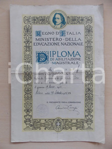 Oggetto da collezione cartaceo 1942 MILANO Diploma di abilitazione magistrale a Maria SPARABENE 38x26 cm 1