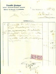 Documento originale, autentico 1943 VENEZIA PORTO MARGHERA Giuseppe VIZZOTTO Riparazioni elettriche Fattura 1