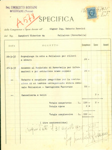 Documento originale, autentico 1935 MOZZECANE VR Ing. Umberto ROSSINI Fattura per sopralluogo e progetto 1