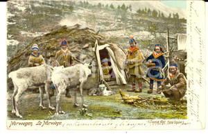 Cartolina originale da collezione 1903 NORVEGIA COSTUMI Famiglia presso capanna tradizionale Cartolina FP VG 1
