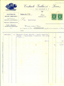 Documento originale, autentico 1930 LECCO Costante GALLUZZI Impianti su automobili Fattura intestata 1